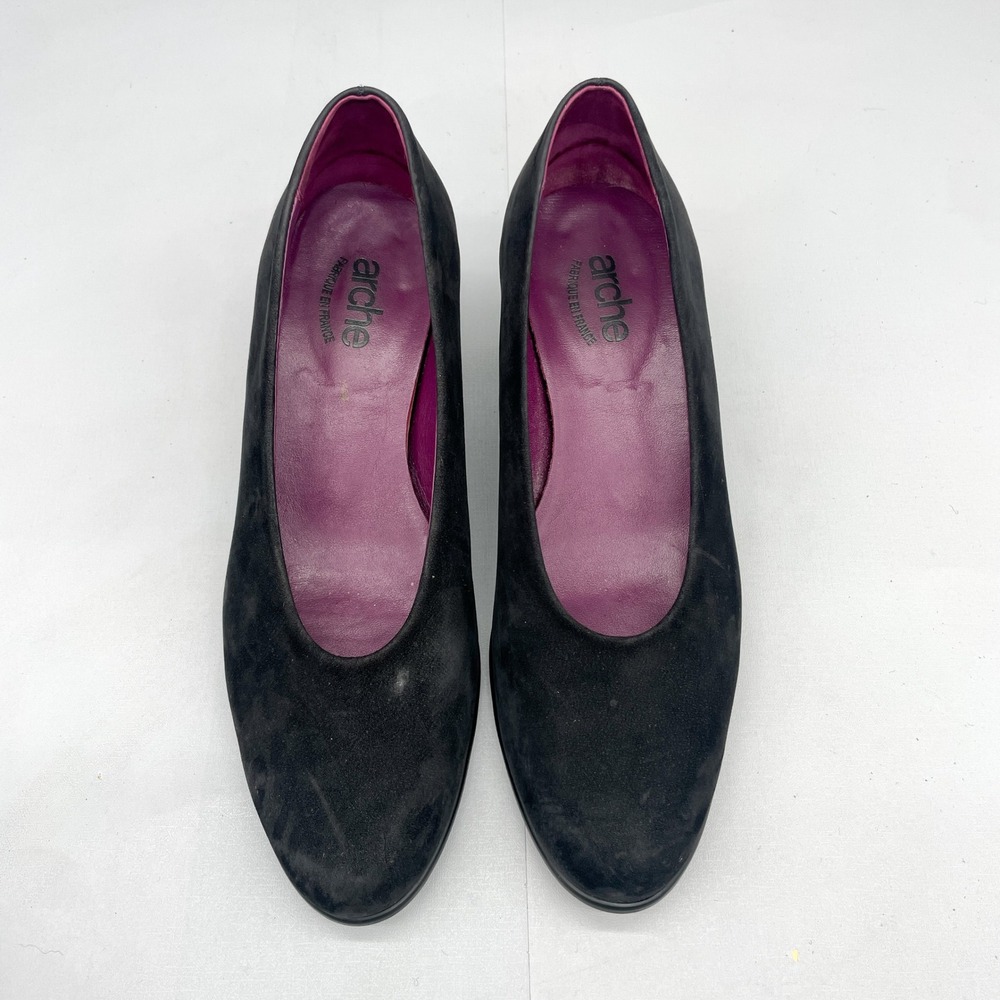 Arche LN Womens 37.5 6.5 Murlay Pumps Shoes Black Nubuck Round Toe Block Heels